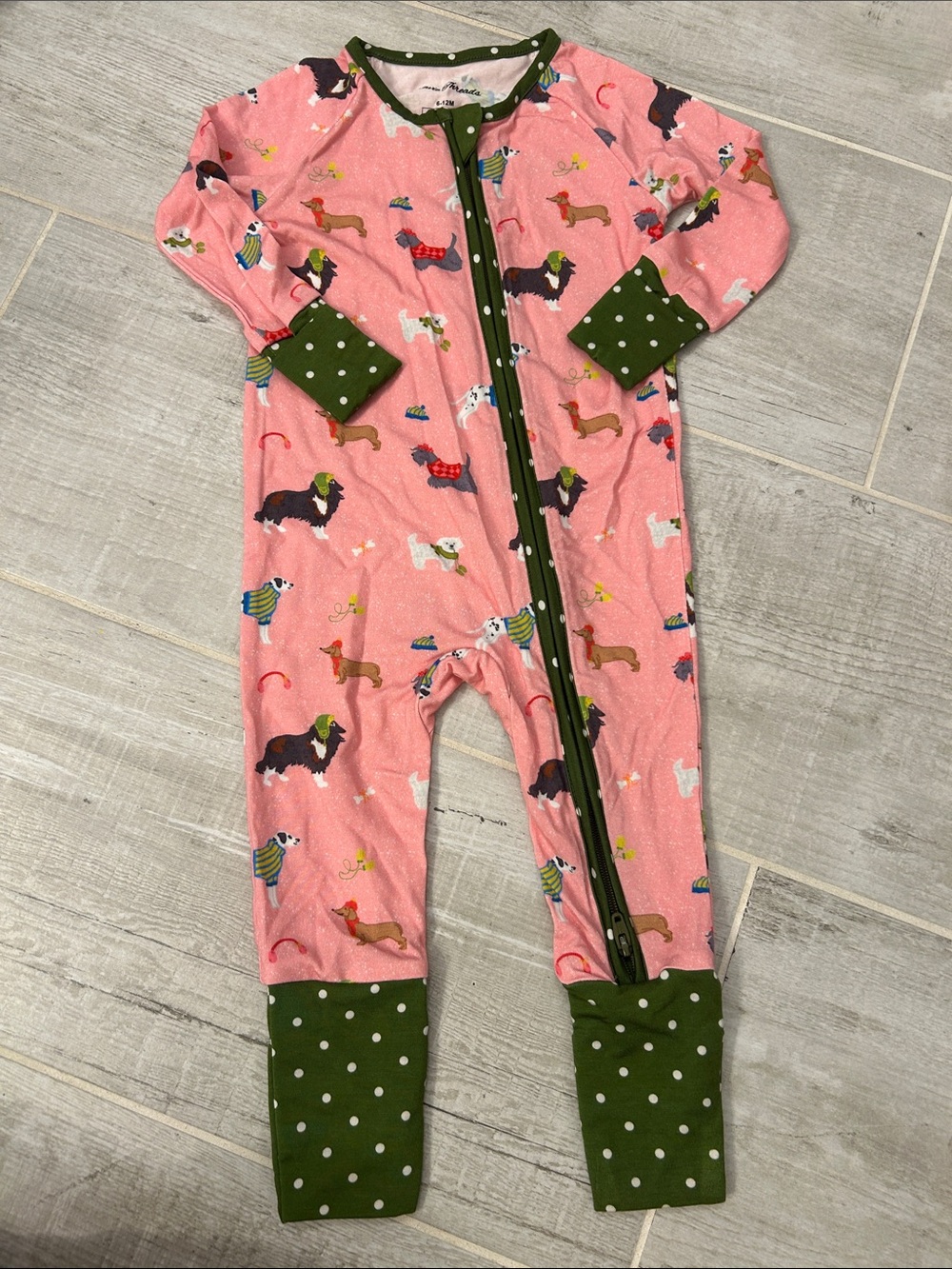 Bamboo Kids Pink Dog-Print Footless One-Piece with Green Trim